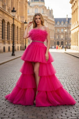 A-line High-Low Strapless Ruffled Tulle Prom Dress with Feathers