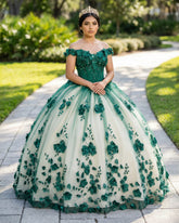 3D Flowers Off Shoulder Tulle Appliques Beaded Quinceanera Dress