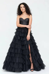 A-Line Sweetheart Tiered Tulle Prom Dress with Slit