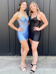Black - Spaghetti Straps Satin Bodycon Pleated Homecoming Dress With Beading