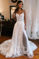 A-Line Off The Shoulder Wedding Dress With Appliques And Slit
