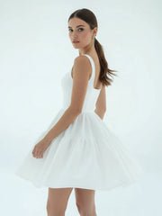 A-Line Boat-Neck Mini-Length Sleeveless Satin Pleats Wedding Dress