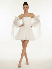 A-Line Puff Long Sleeves Short Wedding Dresses With Bows