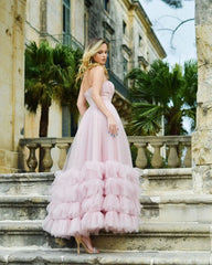 A-line Corset Strapless Tulle Prom Dress with Ruffles