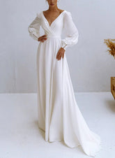 A-Line V-Neck Long Sleeves Chiffon Wedding Dresses With Beading