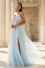 A-Line Tulle Blue Long Corset Spaghetti Straps Prom Dress with Appliques