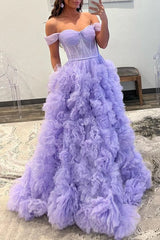 A Line Off the Shoulder Ruffled Tulle Prom Dress with Slit