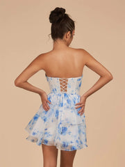 Blue - A Line Strapless Floral Chiffon Homecoming Dress with Beads