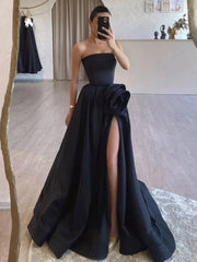 Black Strapless Satin Long Prom Dress With High Split