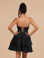Black - Strapless A Line Chiffon Ruffles Homecoming Dresses With Flower