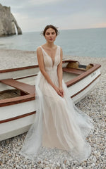 A-Line Tulle Gorgeous Deep V-Neck Open Back Double Layers Elegant Floor Length Long Dress With Sequin
