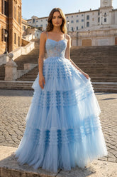 A-Line Spaghetti Straps Tulle Long Prom Dress