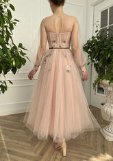A Line Scoop Long Sleeve Tulle Prom Dress with Floral Embroidery