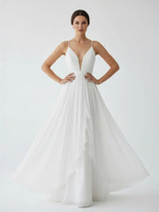 A-Line V Neck Straps Spaghetti Sheath Chiffon Wedding Dress
