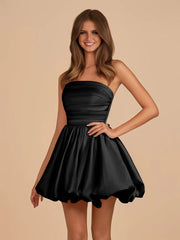 Black - A Line Strapless Satin Bubble Hem Short Homecoming Dresses