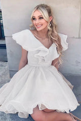 A Line V Neck Organza Ruffles Homecoming Dress