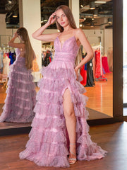 A Line Spaghetti Straps Printed Tulle Prom Dress with Ruffles