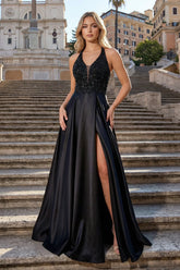 A-Line V-Neck Satin Prom Dress with Slit