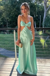 Aqua Sheath Spaghetti Straps Long Satin Prom Dresses With Cut out