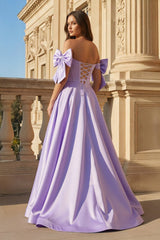 A-Line Off-Shoulder Bow Pleated Long Prom Dress