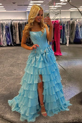 Blue - Strapless A Line Chiffon Tiered Prom Dresses With Bowknot