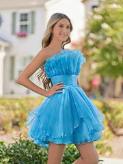 Blue A-Line Strapless Pleated Short Tiered Homecoming Dress