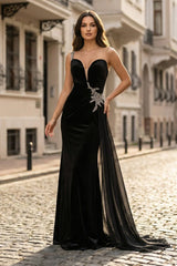 Black Rhinestone One Shoulder A Line Prom Dress with Slit