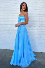 Blue - A Line Strapless Pleated Chiffon Long Prom Dress with Bow