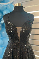 Black - Plunging V Neck Sequins A Line Homecoming Dresses With Bow
