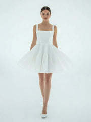 A-Line Boat-Neck Mini-Length Sleeveless Satin Pleats Wedding Dress