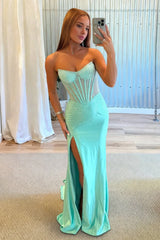 Aqua - Mermaid Strapless Satin Beaded Long Formal Prom Dresses With Slit