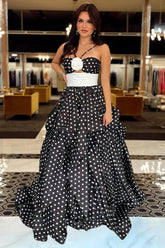 Black - Halter Satin A Line Dot Prom Dresses With Flower