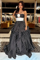 Black - Halter Satin A Line Dot Prom Dresses With Flower