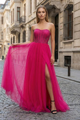 A-Line Sweetheart Beads Empire-Waist Sleeveless Prom Dress With Slit
