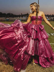 Ball Gown Strapless Organza Long Prom Dresses with Bow