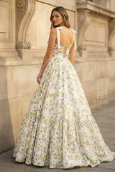 A-Line Spaghetti Straps Floral Printed Satin Long Prom Dresses