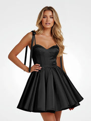 Black – Spaghetti Straps Satin Pleated A-Line Homecoming Dress With Bow