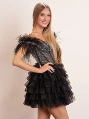 A Line Off the Shoulder Beaded Homecoming Dress with Feathers
