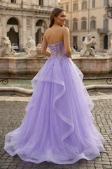 A-line Sweetheart Sleeveless Sweep Train Tulle Prom Dress With Beading Appliqued