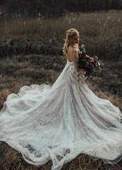 A Line Lace White Spaghetti Straps Wedding Dresses