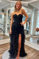 Amberlyn | Black Strapless Sweetheart Ruffles Tulle High Slit Prom Formal Dress