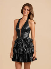 Black - Halter A Line Metallic Ruffles Homecoming Dresses With Bow