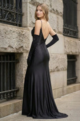 Black Spaghetti Straps High Slit Mermaid Satin Pleated Prom Dress