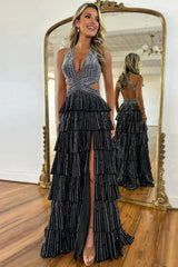 Black - A-Line Halter Satin Beaded Long Prom Dresses With Ruffles