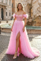 A Line Sweetheart Tiered Tulle Long Prom Dress With Slit