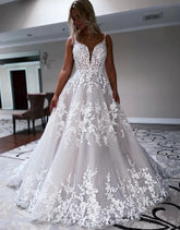 A-Line Sweep Train Deep V-Neck Wedding Dress With Appliques