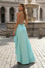 Aqua - Spaghetti Straps Sheath Satin High Low Prom Dresses With Ruffles