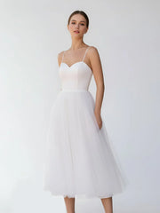 A-Line Spaghetti Straps White Satin Tulle Tea-Length Wedding Dresses