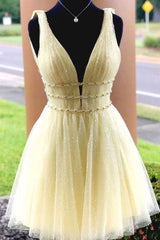 A Line Tulle V Neck Homecoming Dress With Beading