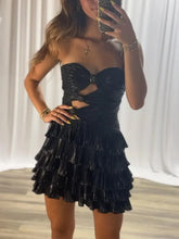 Black - Strapless A Line Metallic Tiered Homecoming Dress With Beading